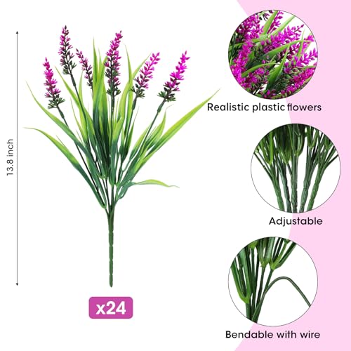 Ouddy Decor 24 Bundles Artificial Flowers for Outdoors, Fake Lavender Flowers Monkey Grass Faux Plastic Plants Shrubs UV Resistant for Porch Garden Window Box Office Home Decorations, Fuchsia - color: Fuchsia