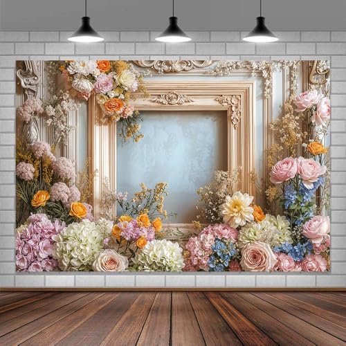 7X5ft Retro Wall Wedding Backdrops Frame Style Colorful Flowers Wall Background Medieval Building Photo Background for Mothers Day Bridal Baby Shower Birthday Girls Women Decoration Backdrop - color: Multi, size: 7X5ft