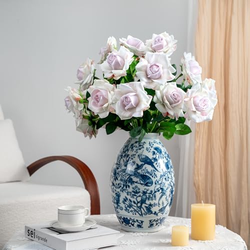 Artificial Flowers Spring Artificial Roses 23.2In Fake Roses Long Stem Artificial Flowers for Tall Vase Suitable for Wedding Party Decor Valentine's Day DIY Bouquet 20PCS White Purple Heart - color: White Purple