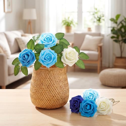 100 Pcs Artificial Foam Rose Flower Faux Bouquet Wedding Fake Rose Gift for Mother's Day Women DIY Bridal Shower Party Table Birthday Home Spring Decor (Gradient Blue) - color: Gradient Blue