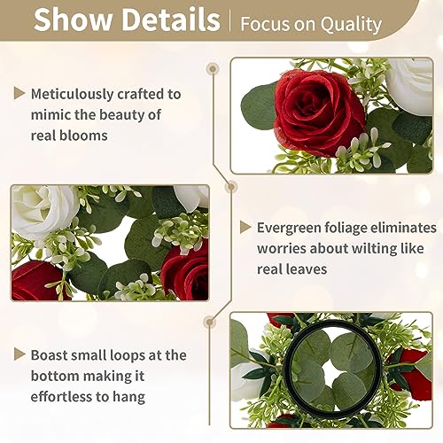 NUPTIO Flower Wreath for Table Centerpieces: 9.05 Inch Small Crimson & White Candle Rings for Wedding Party Christmas Decorations - Rose Wreaths for Spring Summer Front Door Porch Decor 6 Pcs - color: Crimson & White, size: Dia 9.05"-6pcs