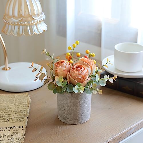 Small Artificial Burnt Orange Rose Potted Plant, 6" Fake Silk Flowers in 3" Cylindrical Pot, Mini Faux Floral Arrangement for Desk Shelf Bathroom Decor - color: Burnt Orange
