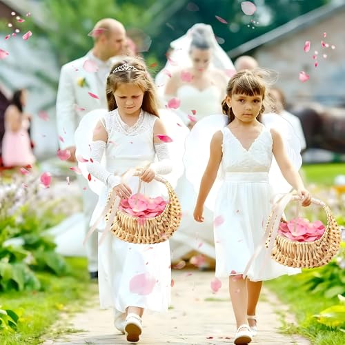 3 Pack Wicker Flower Girl Baskets,Wicker Wedding Basket with Handle Silk Ribbon,Small Half Moon Wicker Flower Basket 6.5" x6.7" x4.3"for Wedding Party Picnic Home Decor - size: Half Moon Basket