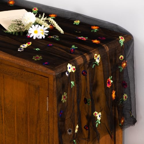 Socomi Flower Table Runner Summer Daisy Floral Tulle Gauze Cheesecloth Embroidery Table Runners for Tea Party Garden Wedding Bridal Baby Shower Birthday Picnic Decor Black 1pc - color: Daisy Black, size: 10ft X 1pc