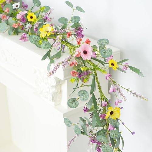 6.5FT Wildflower Daisy Garland Flower Garland with Daisy Lavender Faux Floral Vine Summer Spring Garland for Mantle Baby Shower Wedding Arch Front Door Porch Staircase Summer Spring Decor (1 Pcs)