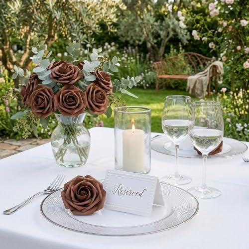 Artificial Flowers, 25pcs Artificial Rose for DIY Wedding Bouquets Centerpieces Arrangements, Brown Foam Roses with Stem for Bridal Shower Party Home Decorations - color: Brown, size: 25pcs