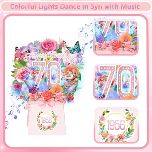 70th Birthday Cards, Light and Music 70 Years Old Happy Birthday Card, Rose Lily Orchid and Butterflies, 10 Inch Forever Flower Bouquet 3D Pop Up 1956 Birthday Gift Card for Women Wife Mom Grandma Sister - size: 1956-70th