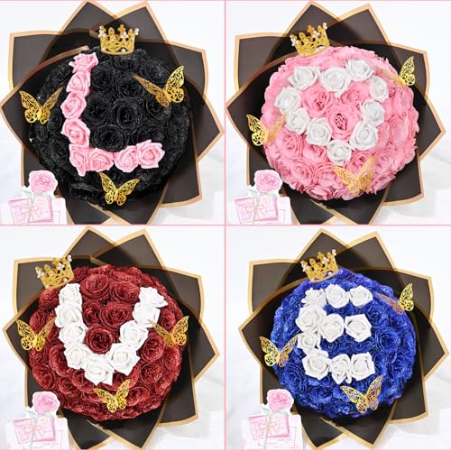 36+20 Glitter Roses Bouquet, DIY Fake Flowers Bouquet, Craft The Initials of Your Loves' Name with Artificial Rose Bouquet for Valentines, Anniversary, Wedding, Red & White - color: Red & White