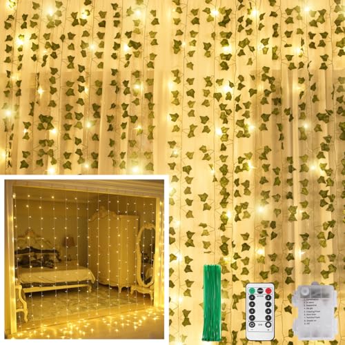 KASZOO 12 Pack Artificial Ivy Leaf Plants with 240 LED Window Curtain String Lights, Fake Plants Vine Hanging Garland, Hanging for Wall Party Wedding Room Home Kitchen Indoor & Outdoor Decoration