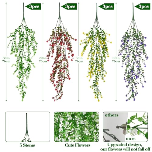 12 Pcs Artificial Hanging Flowers Fake Eucalyptus Leaf Trailing Vines Faux Flower Greenery Garland Plastic Plants for Indoor Outdoor Wall Garden Front Porch Home Decor (Mixed Color) - color: Mixed Color-12pcs