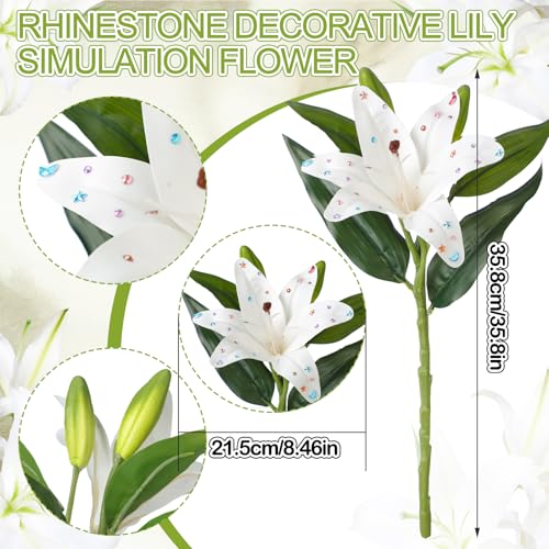 12 Bundles Lily Artificial Flower with 12 Head Full Bloom Lily & 24 Bud White Rhinestone Fake Flower Wedding Bridal Party Decor Home Hotel Bouquet Centerpiece Floral Arrangement - color: White, style: Rhinestone Lily