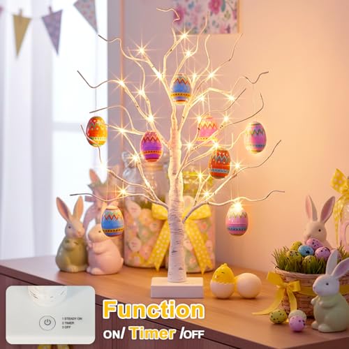 PEIDUO Easter Decorations for Home, 2FT 24LT Egg Tree Lighted with Battery Powered and Timer, Lighted Easter Trees Decor, Pre-lit White Birch Tree for Party Spring Decor - style: Easter tree