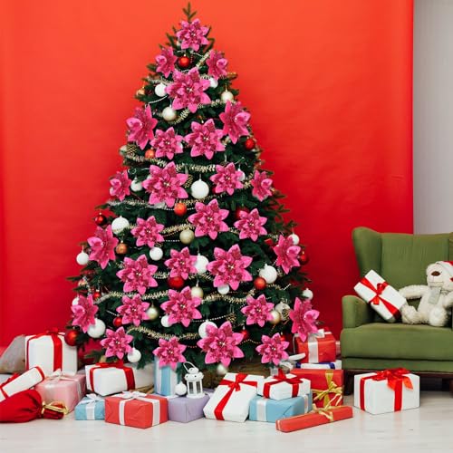 Geosar 36 Pcs Christmas Glitter Artificial Poinsettia Flowers Xmas Poinsettia Artificial Wedding Flowers Decorations Xmas Tree Ornaments with Clips for Party, 6 Inch, 4 Inch, 3 Inch(Peach Red) - color: Peach Red