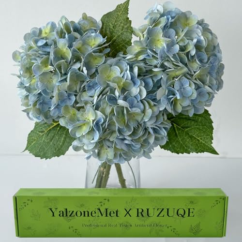 YalzoneMet 3 PCS Light Blue-Green Hydrangea Artificial Flowers 21'' Real Touch Latex Hydrangea Faux Flowers for Wedding Tables Centerpieces for Party Home Kitchen Living Room Decor - color: Light Blue-green