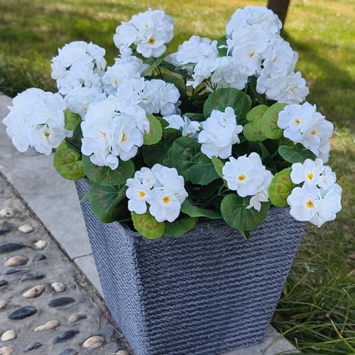 Fake Outdoor Flowers, 6 Pcs Artificial Flowers For Outdoors, White Artificial Geraniums Plastic Flowers, Fake Plant For Outside, Silk Faux Flowers For Outdoor Planters UV Resistant For Front Porch - color: White, size: 6 Pcs