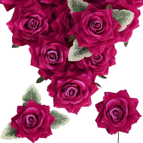 Hot Pink Roses 16pcs Artificial Velvet Roses Head Bulk Silk Flowers 4.3" Hot Pink Artificial Roses with Stems for Wedding Flowers for Centerpieces Home Party Decor (Hot Pink) - color: 4.3" Hot Pink