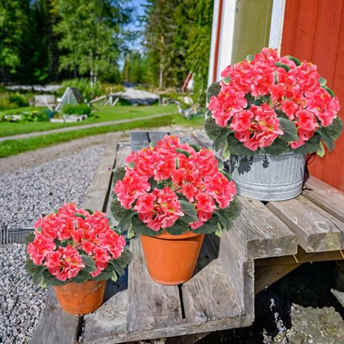 2 Pack Artificial Geraniums Fake Flowers for Outdoors Summer Decoration, Silk Geraniums Flowers UV Resistant Faux Flower Potted Plants for Gardens Farmhouse Indoor Home Table Decor (Rose Red) - color: Rose Red
