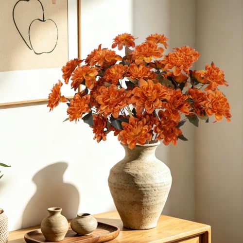16 PCS Dahlia Artificial Flowers Burnt Orange Silk Bouquet Faux Mums Flowers Arrangement Terracotta Decor Fall Fake Flowers for Home Centerpieces Tables Kitchen Wedding Decoration - color: Burnt Orange