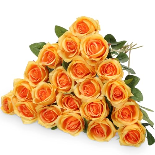 Hotop 20 Pcs Artificial Rose Flowers with Long Stem,Real Lifelike Silk Realistic Plastic Bouquet Roses Bulk for Home Decor Bridal Wedding Party Table Centerpieces Decorations(Orange) - color: Orange