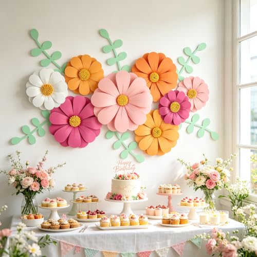 SUNBEAUTY Daisy Paper Flowers Party Decorations, Party Flower Decorations, Orange Yellow Flowers Wall Hanging, 1st Birthday Bridal Baby Shower Wedding Classroom Tea Party Daisy Décor - color: White Pink Daisy