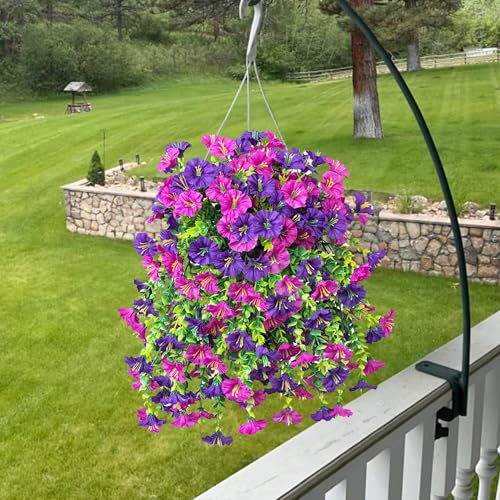 4 Pcs Fake Hanging Plants Artificial Flowers for Outdoors, Silk Petunia Faux Flowers Look Real Trailing Vines UV Resistant Faux Plants for Home Planter Porch Patio (2 Rose Red+2 Purple)