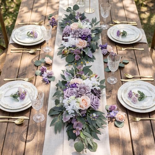 Hotop Wedding Arch Flowers Set of 4 Artificial Flower Swag Wedding Faux Floral Swag with 10 Cable Tie and 8 Clip for Party Welcome Signs Ceremony Reception Backdrop Decor(Dreamy Purple) - color: Dreamy Purple