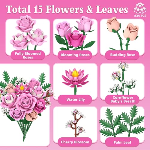 Pink Rose Bouquet Flowers Building Set, 834Pcs Roses Artificial Flowers Botanical Collection Kit for Adults Women & Men Gift for Xmax Gifts for Birthdays for Her Compatible with Lego Flowers