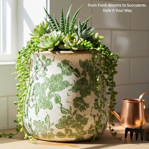 Vintage Ceramic Vase with Green Floral Pattern, White and Green, Crackle Glazed Finish, Decorative Garden Design (Large - Belly Jar with Drainage Hole) - size: Large - Belly Jar with Drainage Hole