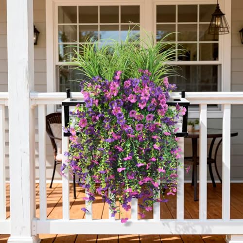 Hommyea Artificial Hanging Flowers for Outdoors with Wheat Grass, 5 Pcs Fake Hanging Plants for Spring Decor, UV Resistant Faux Silk Flower Greenry for Planter Porch Patio Yard Garden(Double Purple) - color: Z Double Purple With Grass