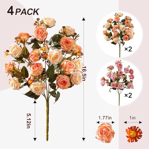 Artificial Rose Flowers for Outdoor 4 Bundles Rose Bouquet with Daisy Faux Flowers UV Resistant for Home Indoor Outside Garden Porch Window Box Balcony Yard Porch Fall Decor (Pink+Orange) - color: Pink+orange