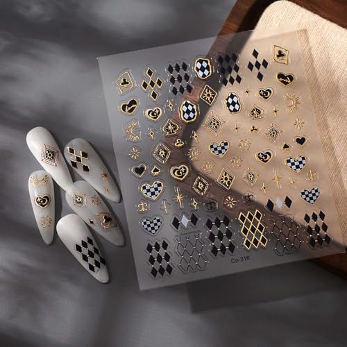 Maillard Style Nail Stickers - 1PCS Bronzing Heart Star Nail Adhesive Stickers Black Diamond Shaped Nail Art Decals with Gold Edge Designs Acrylic Supplies for Women Manicure Decor - style: Style12-Maillard Stripe