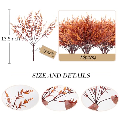 RECUTMS Fake Fall Plants for Outside Faux Lavender Flowers Fake Greenery Artificial Fall Flowers Outdoors UV Resistant Faux Autumn Plant Artificial Bushes for Bookshelf Balcony Bedroom Decor (Brown) - color: Brown, size: 36 Bundles