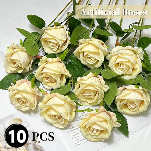 10 PCS Artificial Roses with Long Stems Silk Flowers Realistic Foam Flowers Fake Roses for Valentine's Day Home Wedding Halloween Decor(Champagne) - color: Champagne