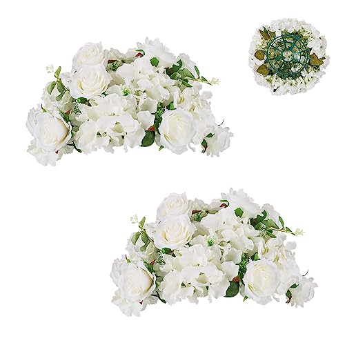 BLOSMON Artificial Flower Balls Wedding Centerpieces 2 Pcs 14.2" Large White Fake Flowers Rose Hydrangea Ball Arrangement Center Pieces for Table Silk Floral Bouquet for Wedding Party Home Decor - color: White, size: Diam 14.2" - 2 Pcs