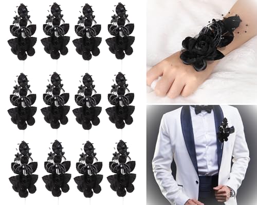 Set of 12 Artificial Silk Organza Craft Rose Flower, 12 Corsage Wristlet, 12 Pin Back DIY Boutonnieres for Wedding, Bridesmaids, Groomsmen, Quinceanera, Prom, Sweet 16 (Black) - color: Black