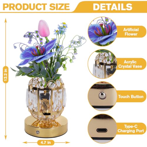 Flower Table Lamp, 3-Color Dimmable Tulip Artificial Flowers Night Light, Rechargeable Cordless Small Lamp, Ambient Light with Crystal Vase for Party Home Desk Decorations (Purple Blue - Flower) - color: Purple Blue - Flower