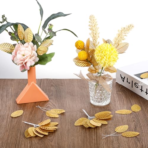 200 Pcs Golden Artificial Leaves with Stems DIY Corsage Single Leaf Crafts Gold Floral Accents Silk Leaf Artificial Leaves for Wedding Party Home Decor Flower Bouquet