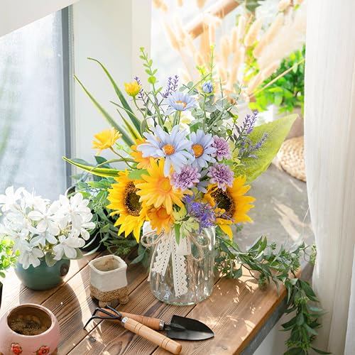 LUEUR Artificial Silk Sunflower with Vase Fake Flowers in Vase Centerpiece Coffee Table Decor, Fake Plant Blue Daisy Flower Arrangement for Spring & Summer Decorations Indoor Home Office Living Room - color: Yellow