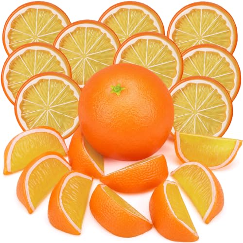 Woration 19 Pcs Artificial Fake Orange & Slices Blocks Set Simulation Fruits Model Realistic Oranges Home Decoration for Party Kitchen Wedding Props Ornament - color: Orange