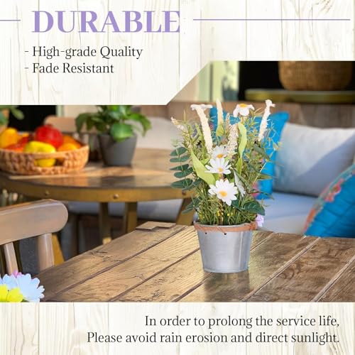 Artificial Flowers Potted, 12.2'’ Small Flower Arrangement with White Daisy Lavender in Metal Pot, Fake Floral Centerpieces for Tables Spring Summer All Season Home Indoor Decaorations - color: Cream 01