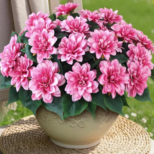 VIERENA 8 Bundles Artificial Dahlia Flowers for Outdoors Spring Summer Decor, No Fade Silk Flower Faux Dahlias Plant Arrangement for Home Garden Balcony Farmhouse（Pink） - color: Pink