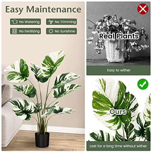 Goplus 4ft Artificial Monstera Deliciosa Plant, 2 Pack Tall Fake Tropical Palm Tree in Pot with 10 Decorative Split Leaves, Faux Swiss Cheese Plant for Floor Home Office Living Room Decor