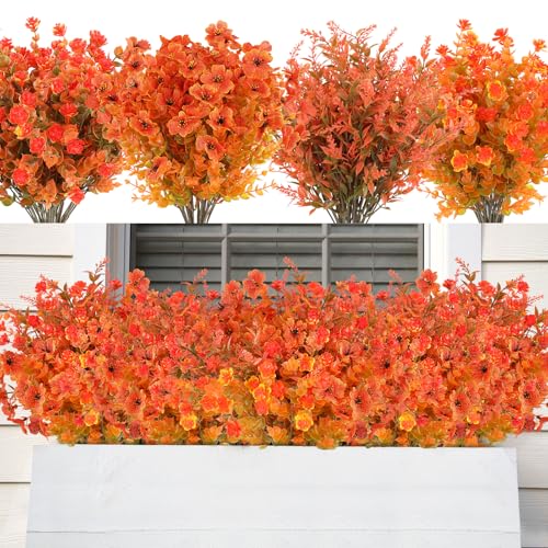 AmyHomie 16 Bundles Mix Orange Artificial Fall Flowers for Outdoor Fall Decor UV Resistant Fake Mums No Fade Fake Plastic Plants Garden Porch Window Box Decorating - color: Mix Orange, size: 16