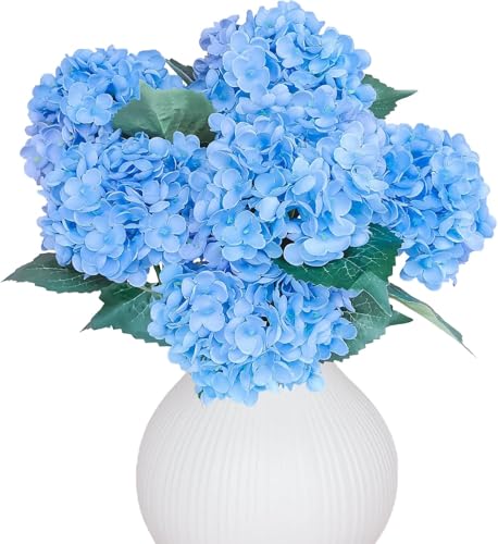 6PCS Premium Blue Silk Hydrangea Artificial Flowers Bouquets - Realistic Fake Hydrangea with Stems, Faux Flower Arrangement for Home Wedding Party Baby Shower Table Centerpieces Decoration - color: Blue Light Blue