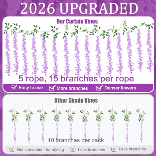 75 Branches Wisteria Hanging Flowers,5Pcs Total 30ft Purple Wisteria Artificial Flowers Garland Vine Silk Hanging Flowers for Wedding Party Arch Ceremony Garden Home Backdrop Decor - color: Purple, size: 5
