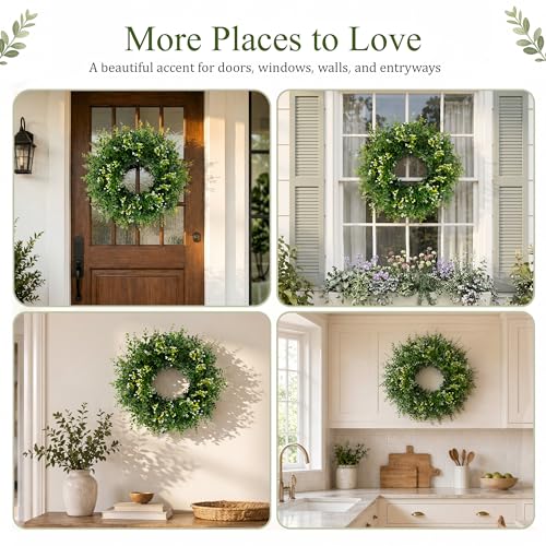 26 Inch Large Artificial Boxwood Wreaths for Front Door All Season, Eucalyptus Wreath with 2 Sashes, Baby's Breath and Flower Buds, Summer Farmhouse Greenery Decor for Outdoor, Porch, Home