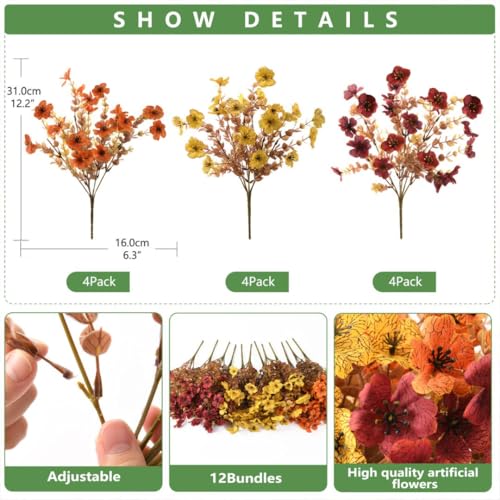 INQCMY Artificial Fake Fall Plants Flowers for Outdoor Outside Decoration,12 Bundles Faux Silk Colorful Daisy UV Resistant Look Real No Fade for Front Door Porch Patio Yard Balcony Autumn Decor - color: Orange Yellow Brown, size: 12 PCS