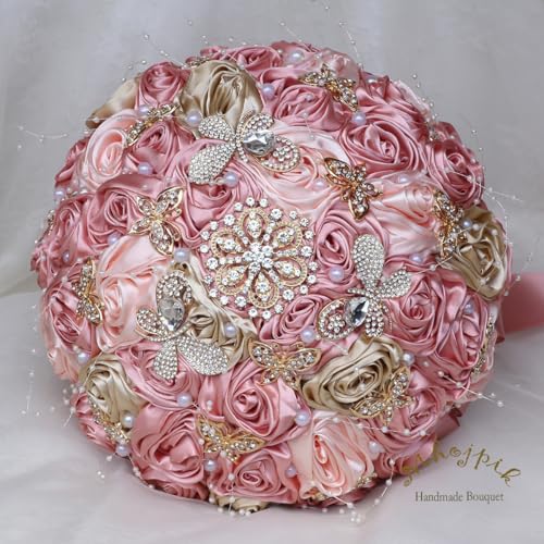 Handmade Wedding Flowers Bouquet Round Holding Bridal Bouquet Artificial Satin Roses Bunch for Bride Bridesmaid Wedding Quinceanera - color: Blush Pink, Light Salmon & Camel Brown, size: Large (Dia. 9.8"/25cm)