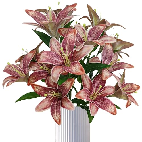 Brown Lilies Artificial Flowers,6 Pcs Faux Lily Flowers,23 Inch Long Stem Tiger Lily Branch with 3 Full Blooms and 4 Leaves, Latex Real Touch Lilium Flower for Wedding Bouquet - color: Brown