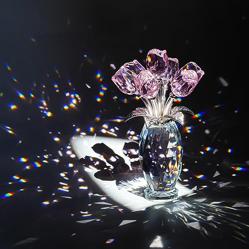 H&D HYALINE & DORA Pink Crystal Rose Bouquet Figurine,Handmade Rose Flower Gifts for Mom Gifts for Women,Glass Flower Collectible Ornament Home Table Wedding Decor - color: Pink 1